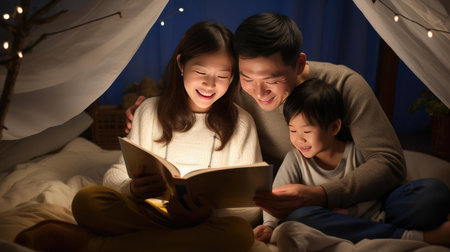 A book before going to bed, parents reading a book at night to their childrenの素材