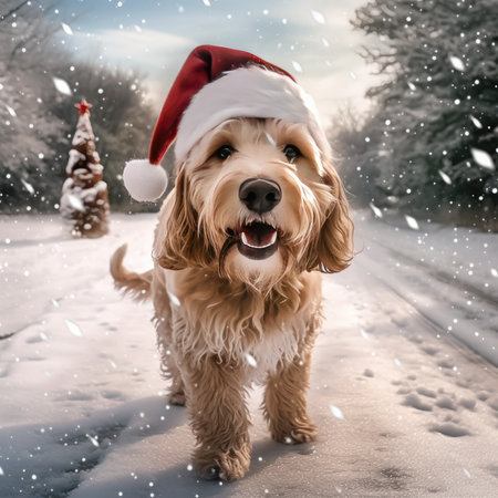 Domestic dog in winter hat outdoors in winterの素材