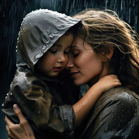 Mom hugging her baby in the rainの素材