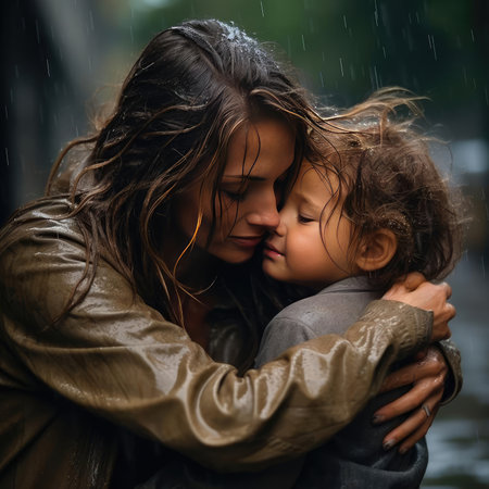 Mom hugging her baby in the rainの素材