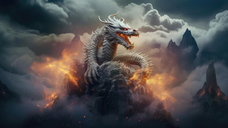 Dragon on top of a mountain in fog, a symbol of wisdom and strengthの素材