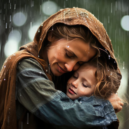 Mom hugging her baby in the rainの素材