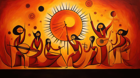 Illustration on the theme of happiness. Happy People and the Sunの素材