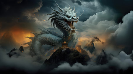 Dragon on top of a mountain in fog, a symbol of wisdom and strengthの素材