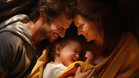 Parents tenderly hugging their little childの素材