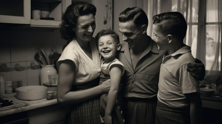 Happy family standing in kitchen and preparing breakfastの素材