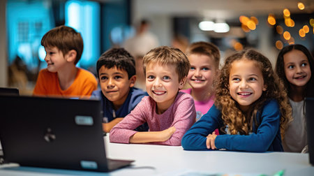 Group of children at robotics lessonの素材