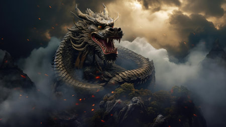 Dragon on top of a mountain in fog, a symbol of wisdom and strengthの素材
