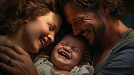 Parents tenderly hugging their little childの素材