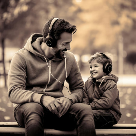 Dad sitting with his child in the park on a benchの素材