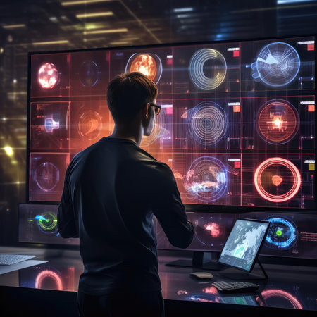 Cryptocurrency trader sitting at computersの素材