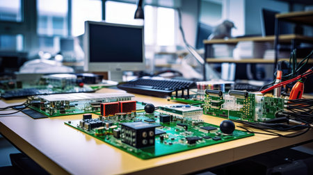 On the table in the laboratory, various electronic componentsの素材