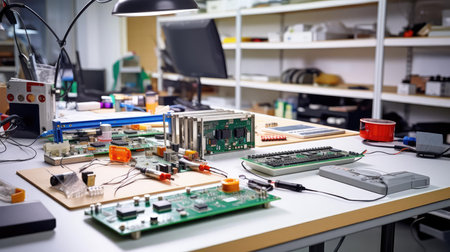 On the table in the laboratory, various electronic componentsの素材