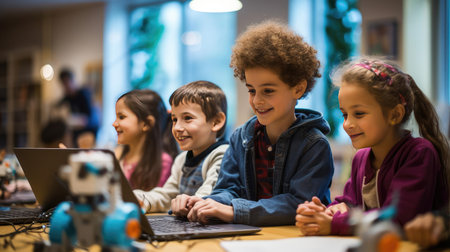 Group of children at robotics lessonの素材