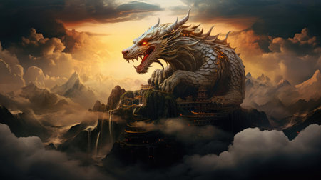 Dragon on top of a mountain in fog, a symbol of wisdom and strengthの素材