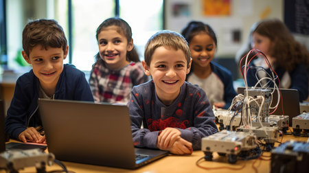 Group of children at robotics lessonの素材