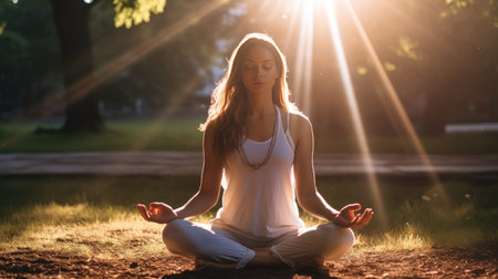 Woman doing yoga in natureの素材