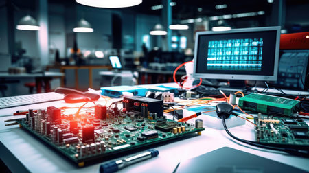 On the table in the laboratory, various electronic componentsの素材