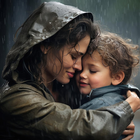 Mom hugging her baby in the rainの素材