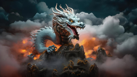 Dragon on top of a mountain in fog, a symbol of wisdom and strengthの素材