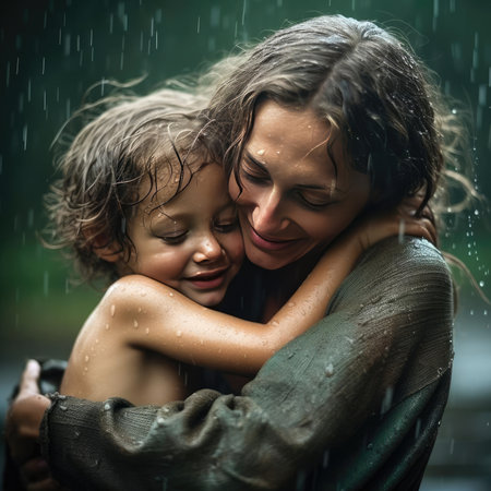 Mom hugging her baby in the rainの素材