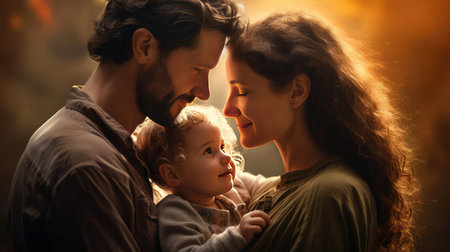 Couple hugging their baby and looking at each otherの素材