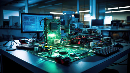 On the table in the laboratory, various electronic componentsの素材