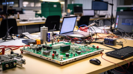 On the table in the laboratory, various electronic componentsの素材