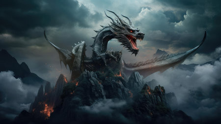 Dragon on top of a mountain in fog, a symbol of wisdom and strengthの素材