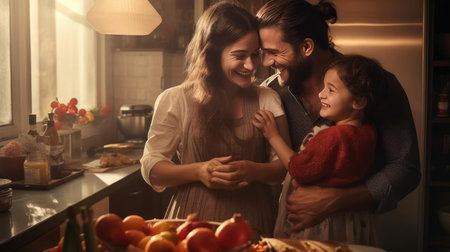 Happy family standing in kitchen and preparing breakfastの素材