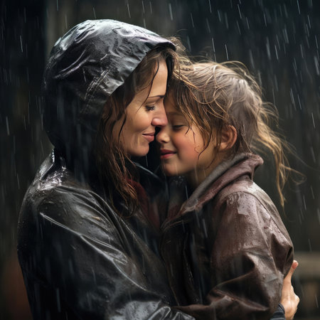 Mom hugging her baby in the rainの素材