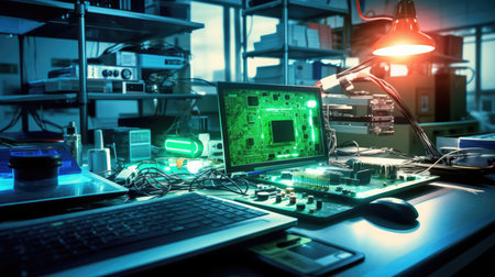 On the table in the laboratory, various electronic componentsの素材