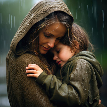 Mom hugging her baby in the rainの素材
