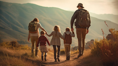 Family on a hike in the mountains. Together to new adventuresの素材