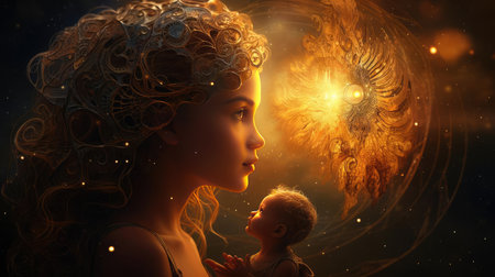 Woman with child, moon and sunの素材