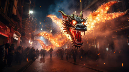 Street performance with the Chinese dragonの素材