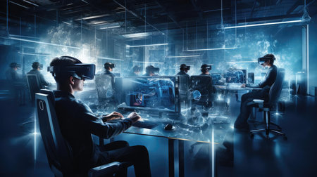 Large room with developers in virtual glassesの素材