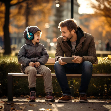Dad sitting with his child in the park on a benchの素材