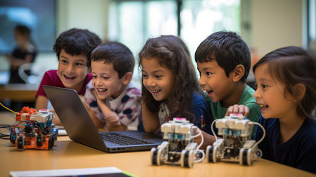 Group of children at robotics lessonの素材