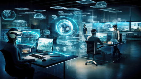Large room with developers in virtual glassesの素材