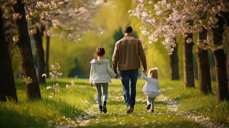 A family with children walks in the parkの素材