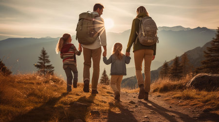 Family on a hike in the mountains. Together to new adventuresの素材