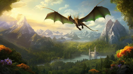 Fantasy dragon in a beautiful landscapeの素材