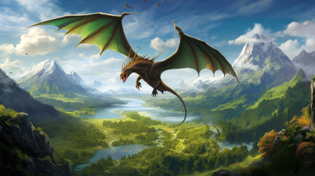 Fantasy dragon in a beautiful landscapeの素材