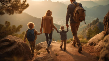 Family on a hike in the mountains. Together to new adventuresの素材