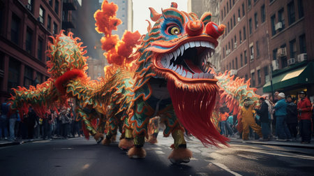 Street performance with the Chinese dragonの素材