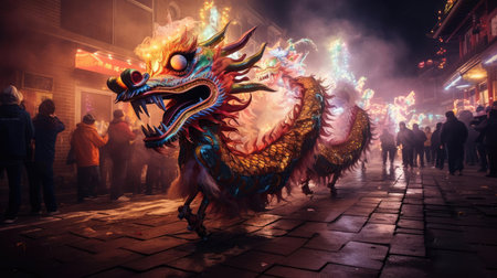 Street performance with the Chinese dragonの素材