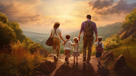 Family on a hike in the mountains. Together to new adventuresの素材