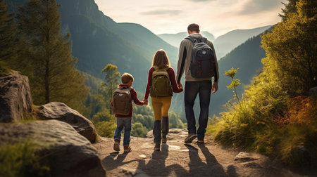 Family on a hike in the mountains. Together to new adventuresの素材