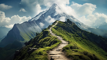 A high mountain with a path leading to the topの素材